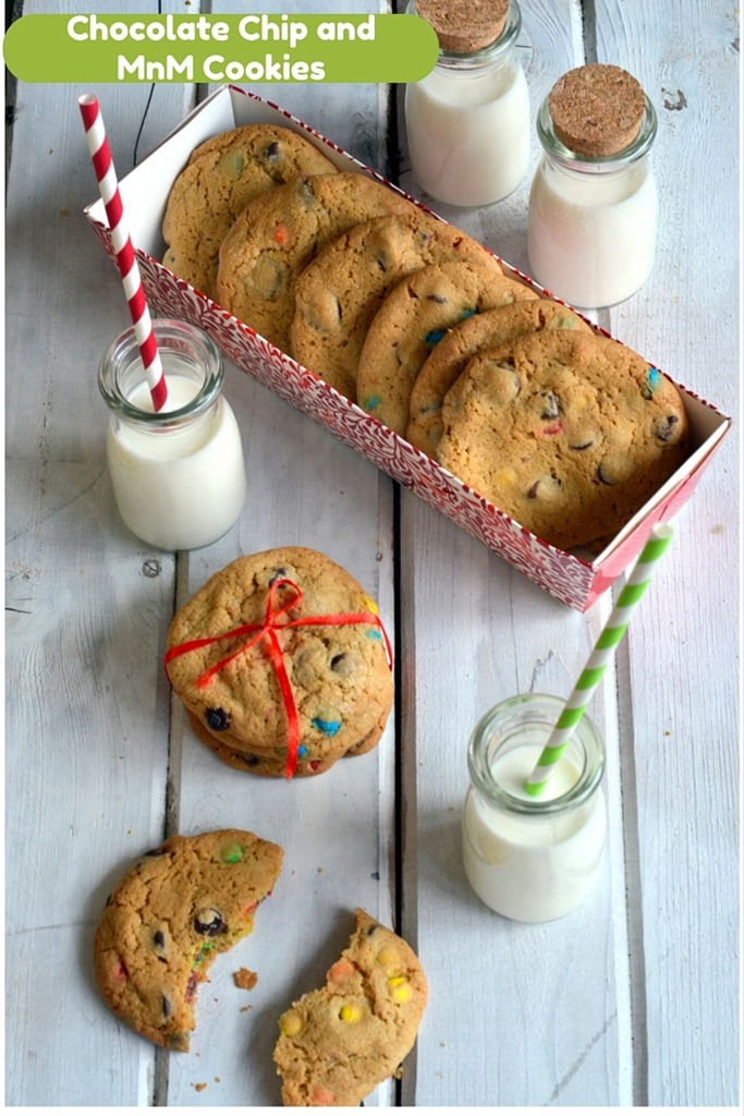 Deliciously chewy chocolate chip cookies with mini MnMs in it as a surprise bite! The kind of cookies your kids will enjoy baking with you and eating