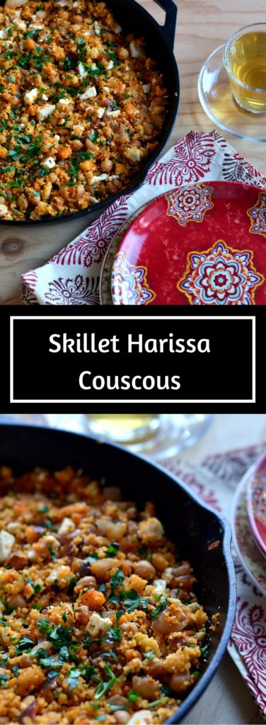 Skillet Harissa Couscous - A deliciously put together weeknight meal of Skillet Harissa Couscous with Chickpeas, Spinach and Feta