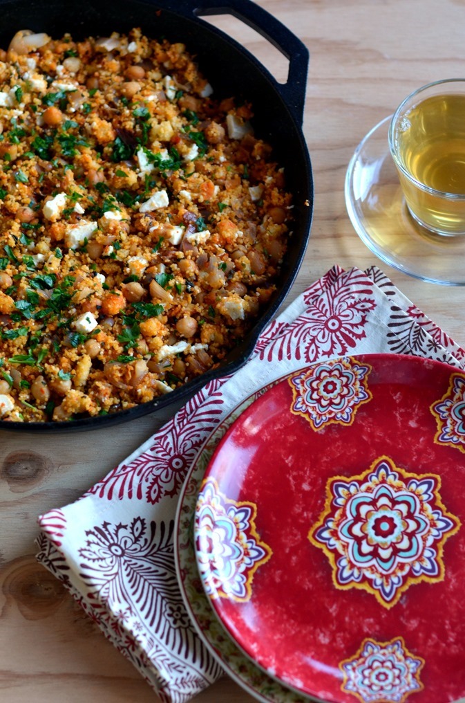 Skillet Harissa Couscous with Chickpeas, Spinach and Feta - Cooking Curries 
