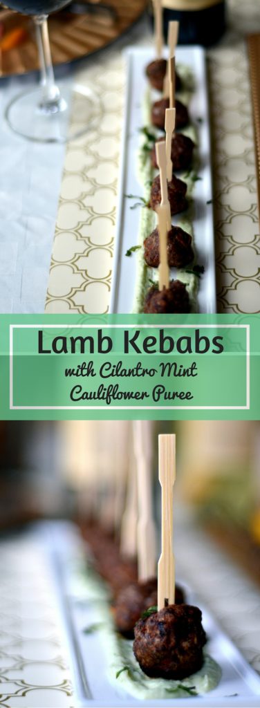 Lamb Kebabs with Cilantro Mint Cauliflower Puree - These lightly spiced lamb kebabs with a cilantro mint cauliflower puree, puts your entertaining to the next level. They are the perfect bite sized appetizers to serve at your next party!
