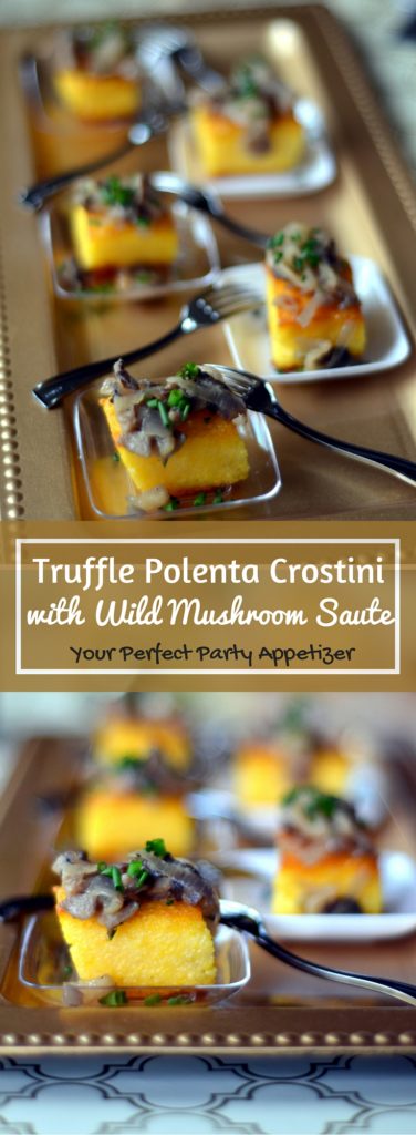 Truffle Polenta Crostini with Wild Mushroom Saute - Give your appetizers some oomph when you are entertaining the next time, with these bite sized Truffle Polenta Crostini with Wild Mushroom Sauté