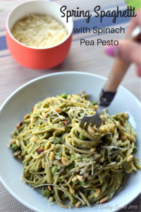 Spring Spaghetti with Spinach Pea Pesto