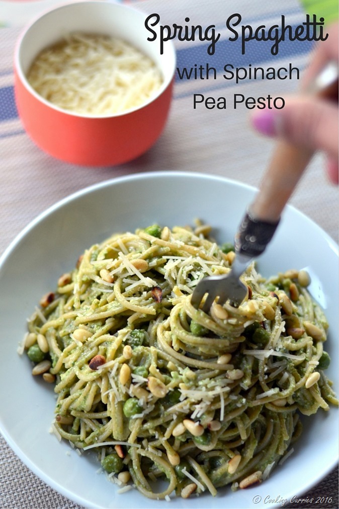 Spring Spaghetti with Spinach pea Pesto - Gluten Free, Vegetarian - www.cookingcurries.com
