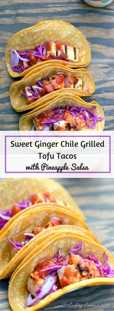 Sweet Ginger Chile Grilled Tofu Tacos with Pineapple Salsa and Pickled Onions and Cabbage - Vegetarian Tacos www.cookingcurries.com