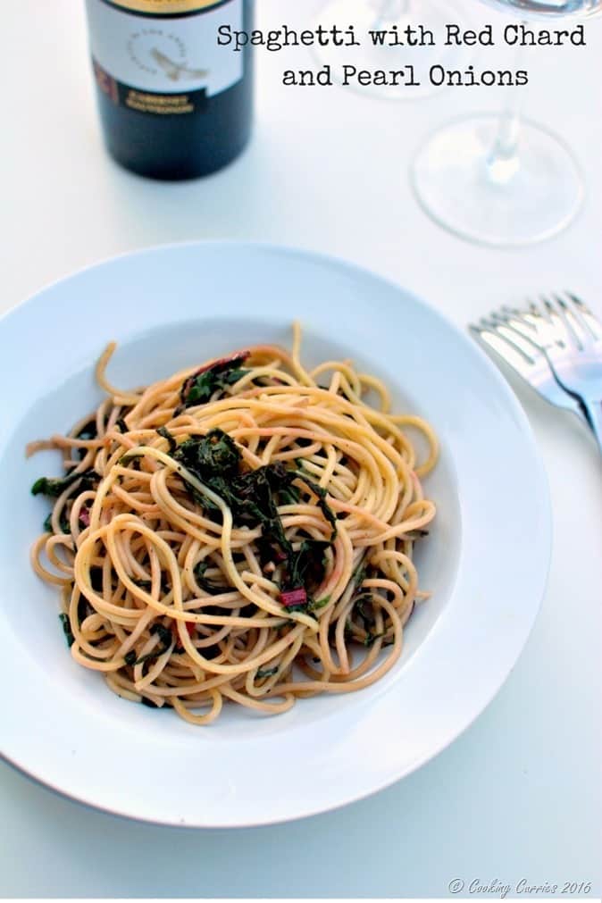 Spaghetti with Red Chard and Pearl Onions - Vegan, Can be Made Gluten Free - www.cookingcurries.com
