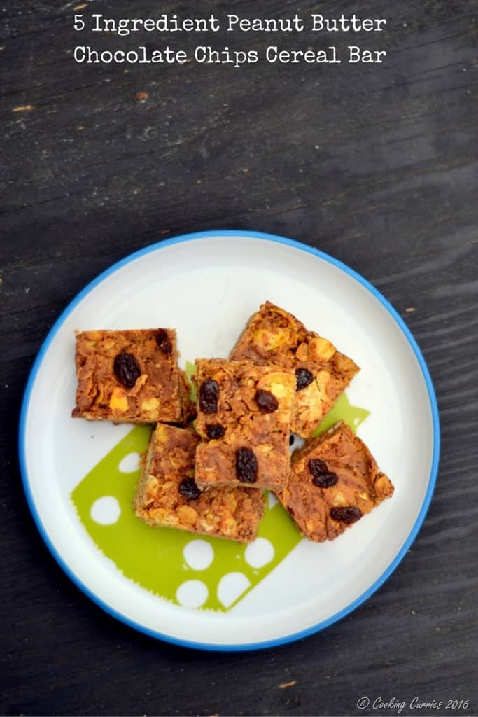 5 Ingredient Peanut Butter Chocolate Chips Cereal Bars - Little People Food - www.cookingcurries.com