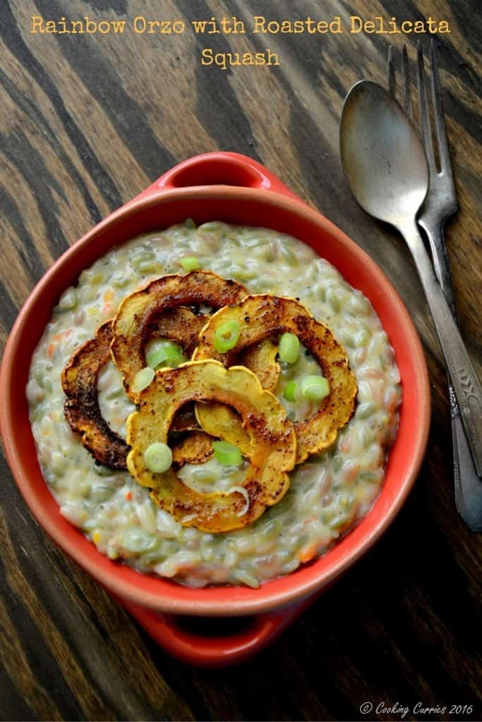 Rainbow Orzo in a Garlic Gruyere Sauce with Ancho Chile Roasted Delicata Squash - a fall recipe