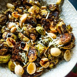 Roasted Garlic Brussels Sprouts with Maple Balsamic and Toasted Marcona Almonds