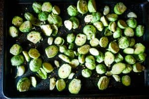 Roasted Garlic Brussels Sprouts with Maple Balsamic and Toasted Marcona Almonds