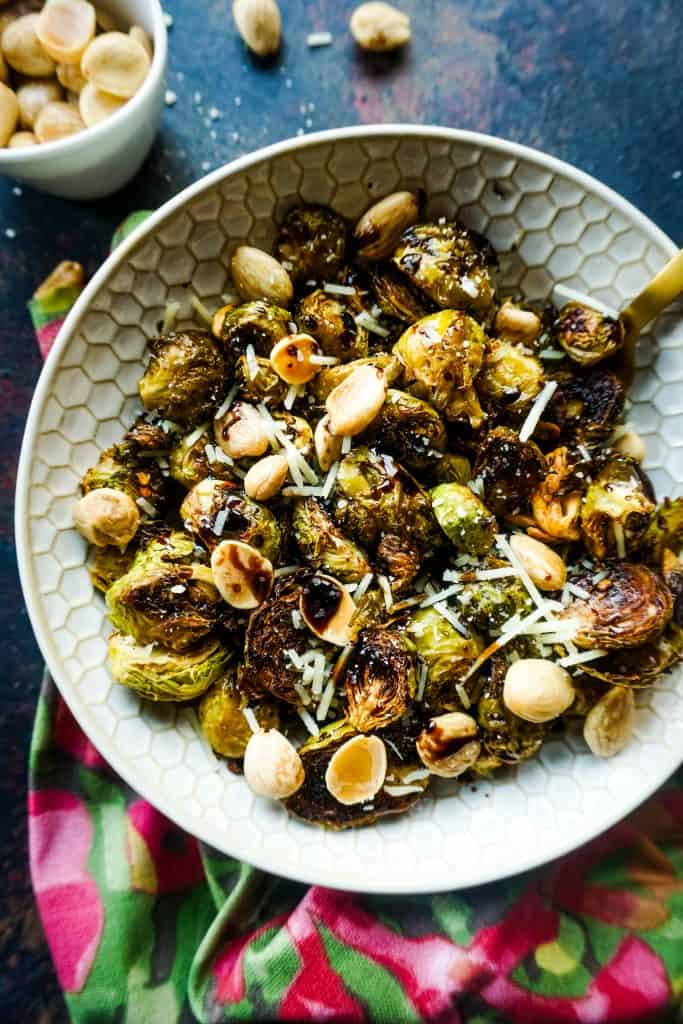 Roasted Garlic Brussels Sprouts with Maple Balsamic and Toasted Marcona Almonds