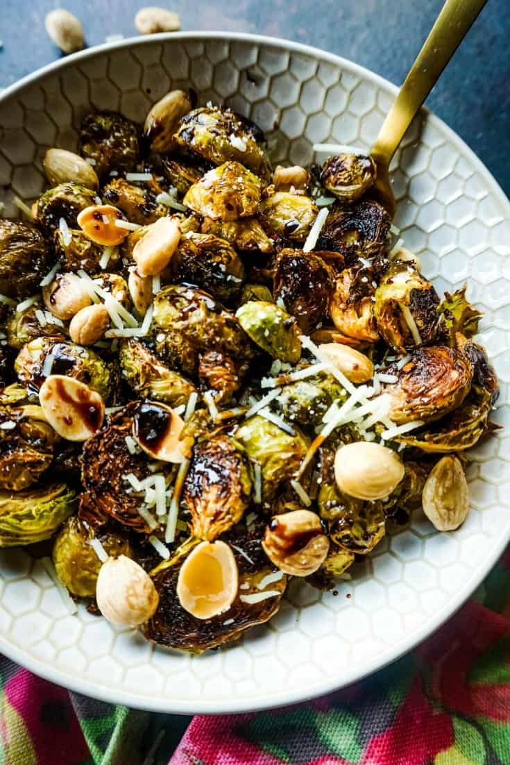 Roasted Garlic Brussels Sprouts with Maple Balsamic and Toasted Marcona Almonds