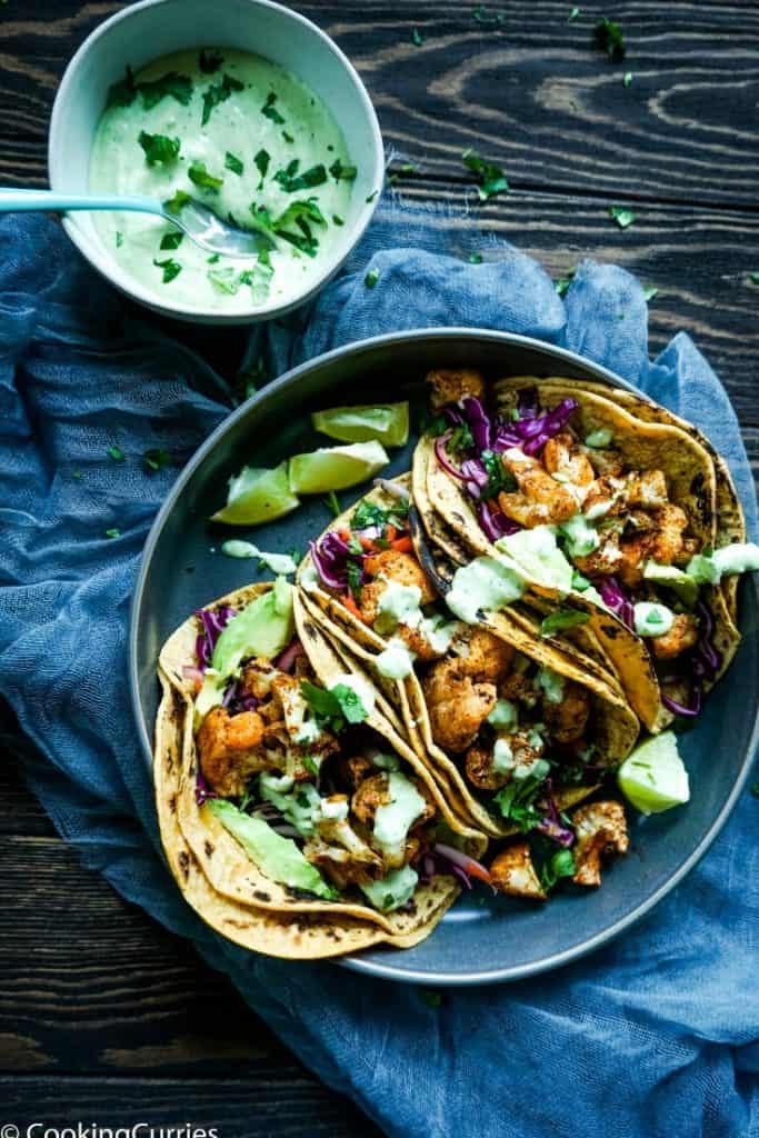 Roasted Cauliflower Tacos with Avocado Cream Sauce