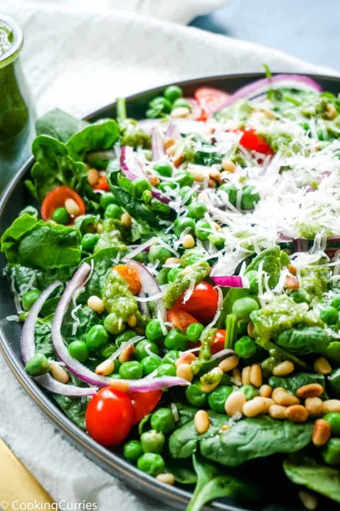 Spinach and Pea Salad with Fresh Basil Walnut Pesto