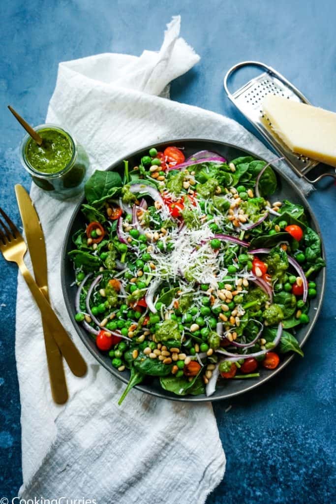 Spinach and Pea Salad with Fresh Basil Walnut Pesto