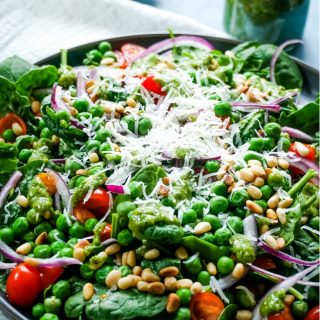 Spinach and Pea Salad with Fresh Basil Walnut Pesto