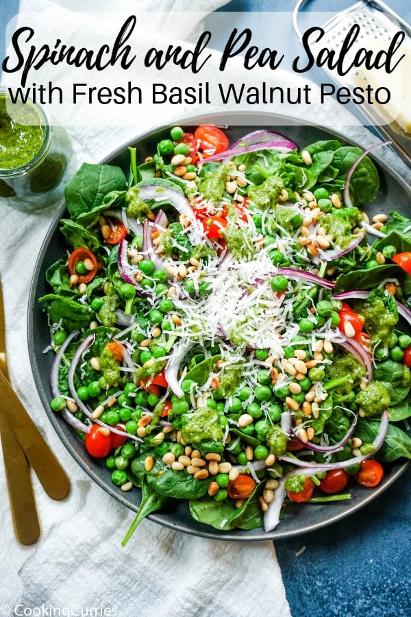Spinach and Pea Salad with Fresh Basil Walnut Pesto