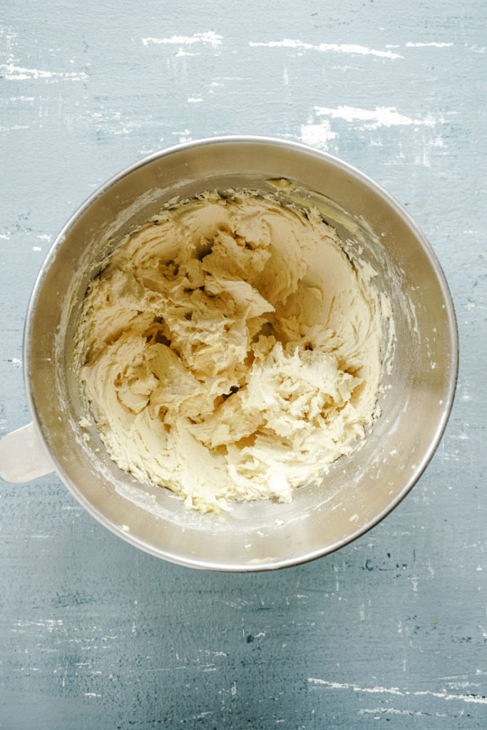 Whipped cookie dough in mixing bowl