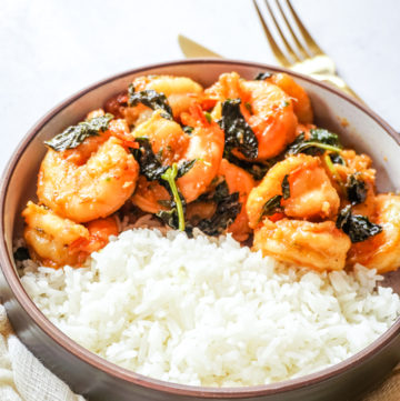 Thai Basil Shrimp and White Rice in a bowl