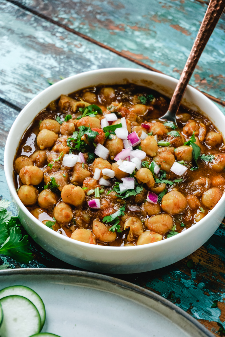 Chana Masala in a white bowl