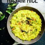 Grey bowl with rasam rice in it and text on top of the image