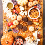 Assortment of things on a Hallween themed snack board