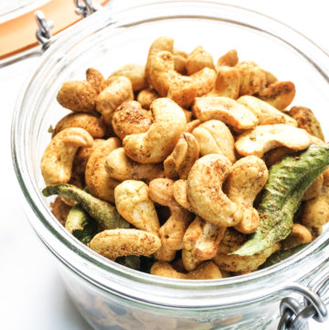 Roasted cashews in a glass jar