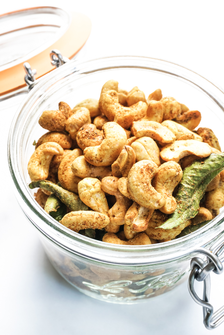 Roasted cashews in a glass jar