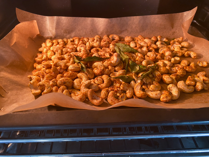 Cashews roasting in the oven