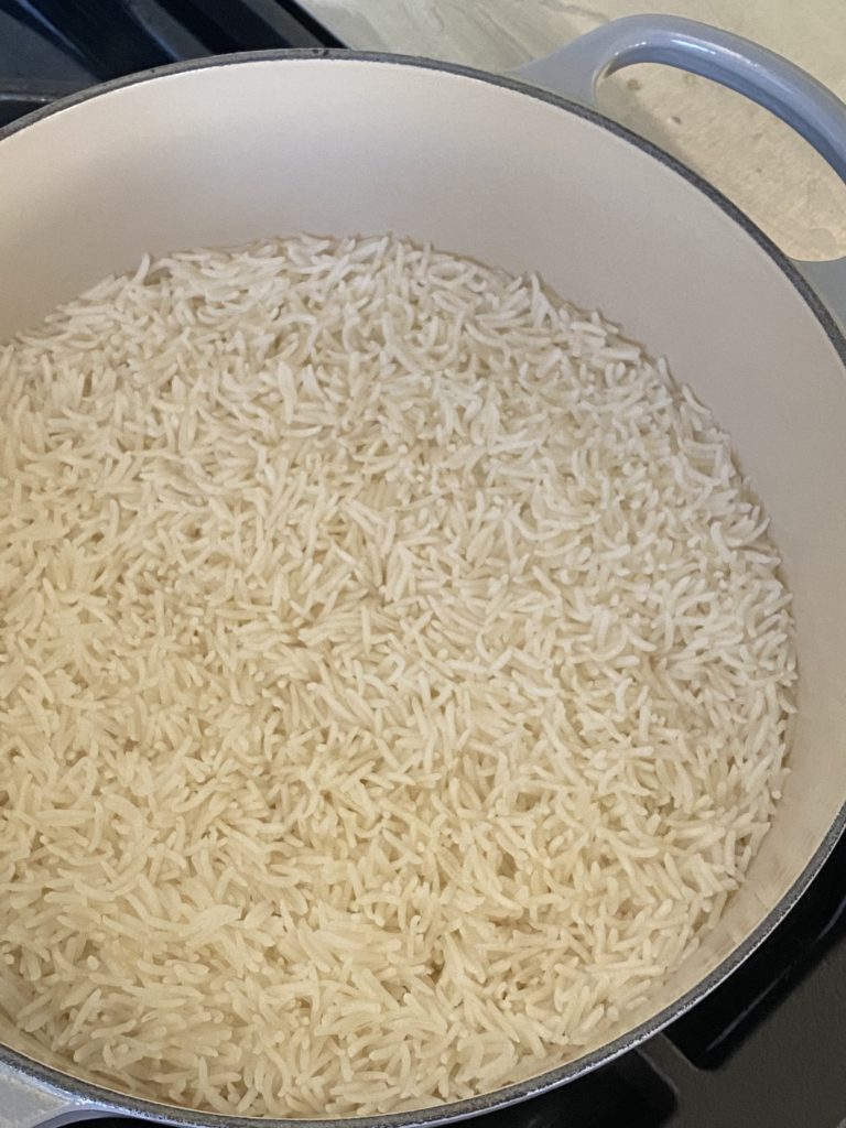 cooked basmati rice in a dutch oven