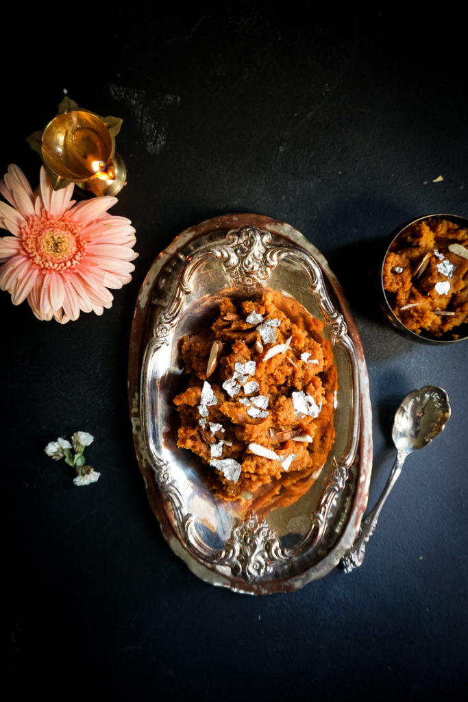 Pumpkin halwa in a silver serving bowl