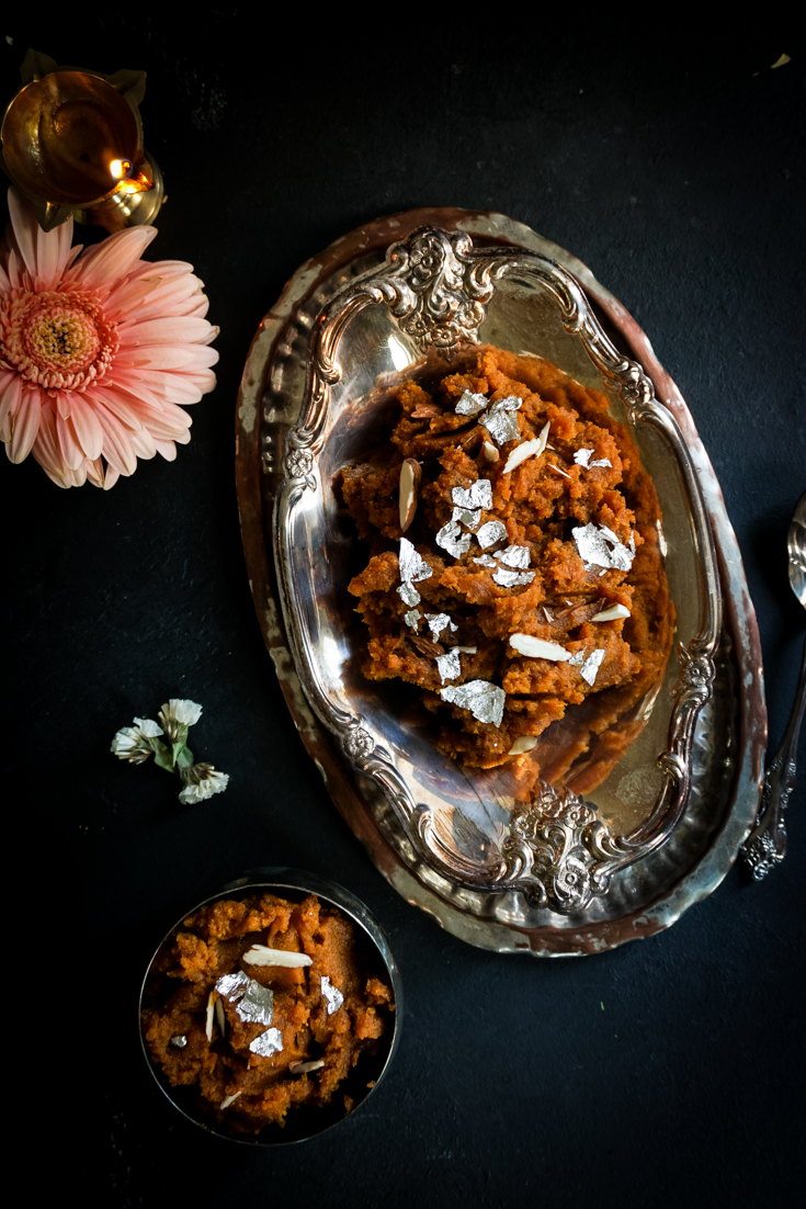 Pumpkin halwa in a silver serving bowl