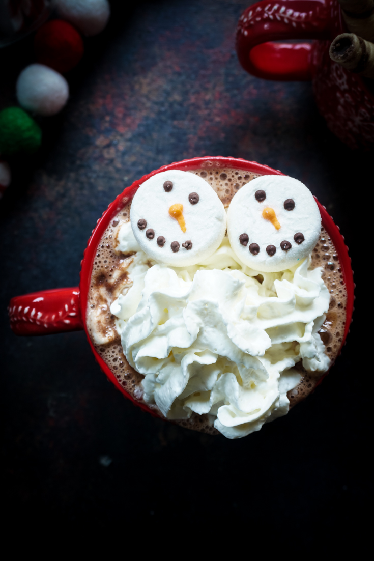 Hot chocolate topped with snowman marshmallows and whipped cream