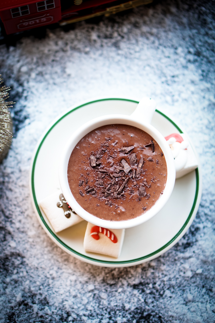 Hot Chocolate in a white cup and saucer with green rim