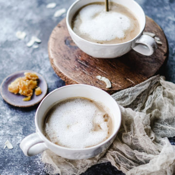 coconut cardamom latte in a white cup