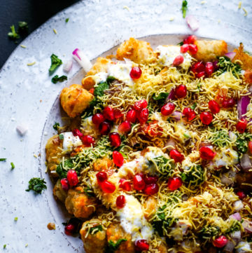 tater tots chaat on a white platter
