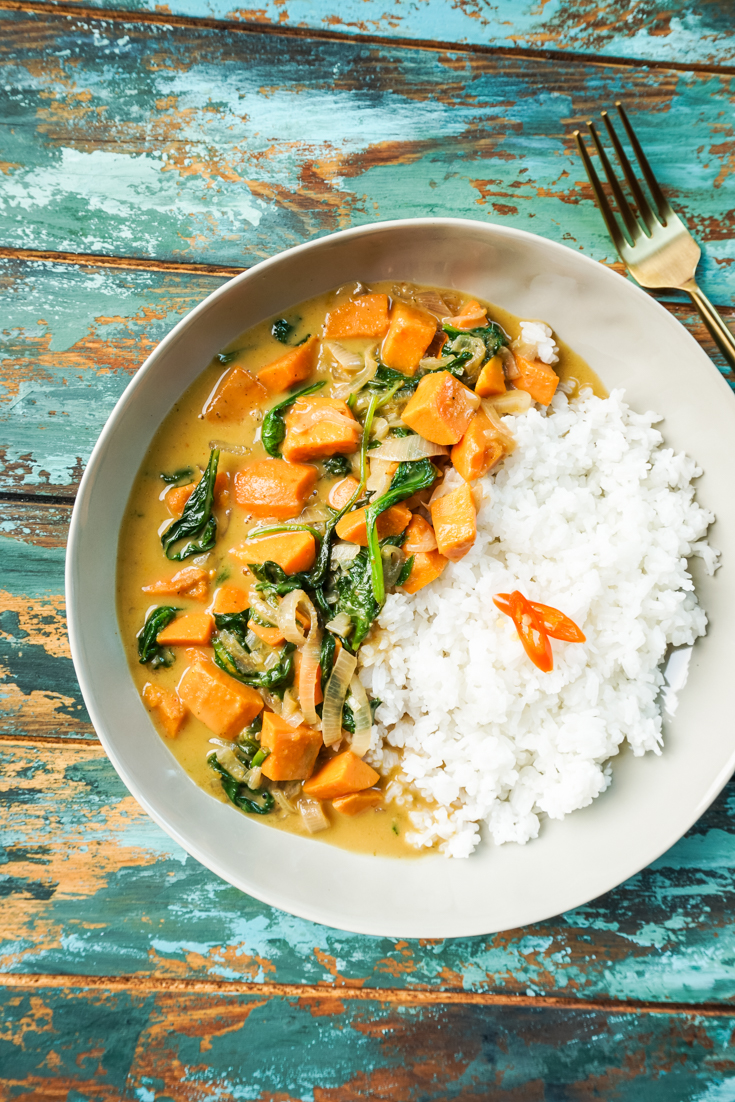 Thai sweet potato curry and white rice