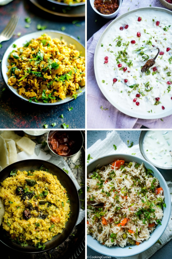 4 frames of rice dishes in a collage