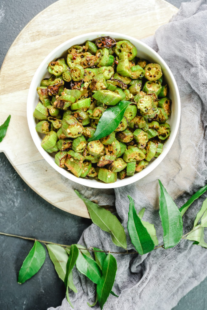 okra saute in a white bowl