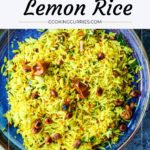 lemon rice in a platter with text on image