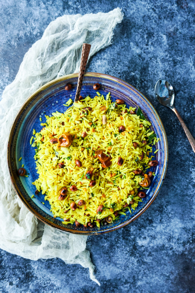 lemon rice in a blue platter