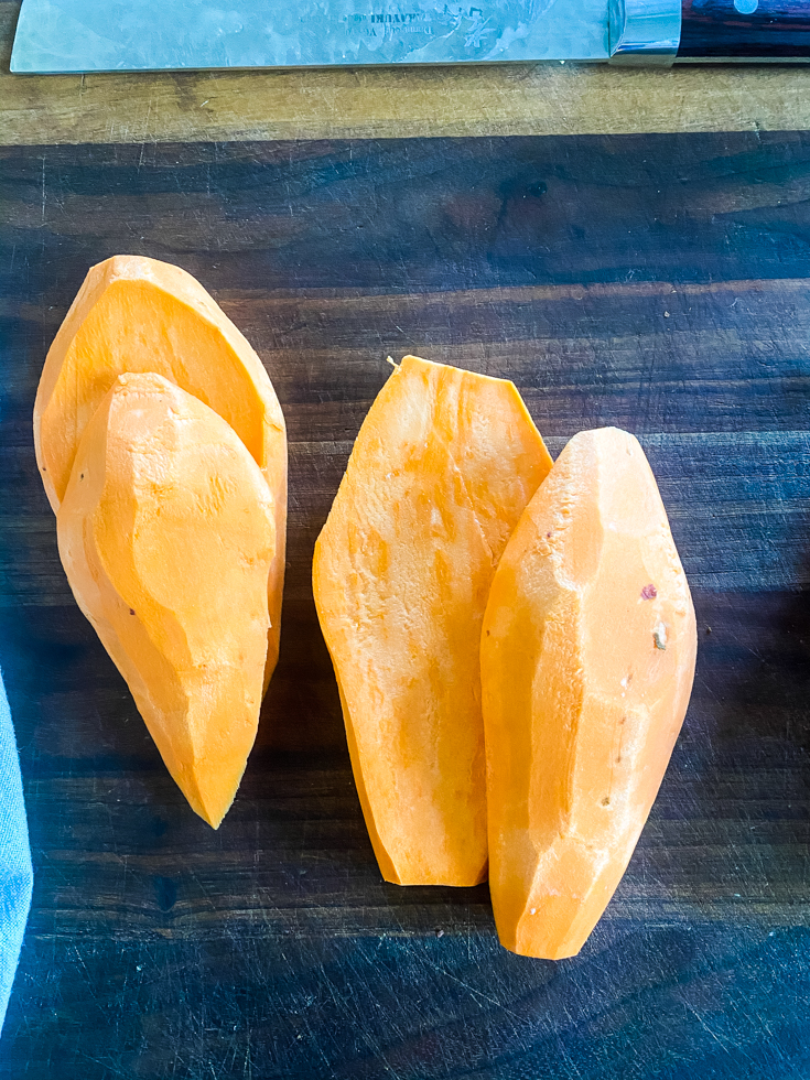 slices of sweet potato on a chopping board