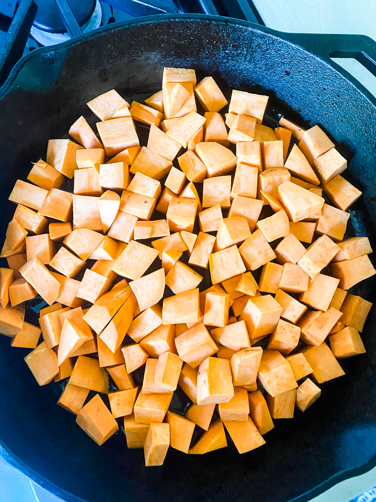 sweet potatoes added to skillet