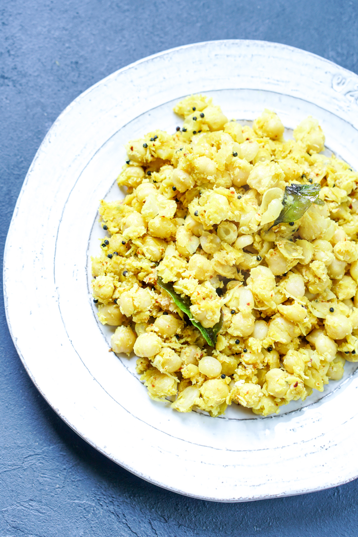 sprouted chickpeas sundal in a white plate