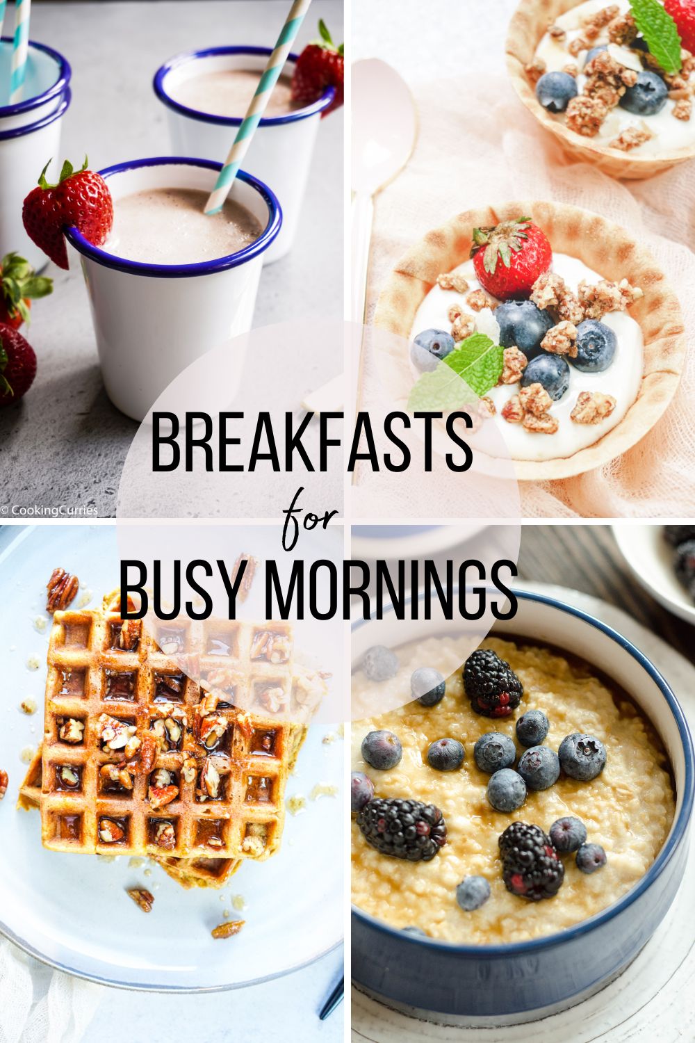 A collage of four images with breakfast dishes with text on top