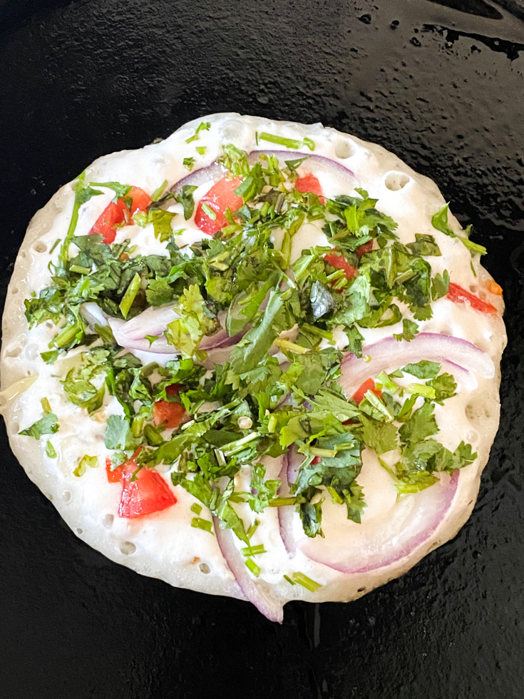 all veggies added on top of uthappam batter