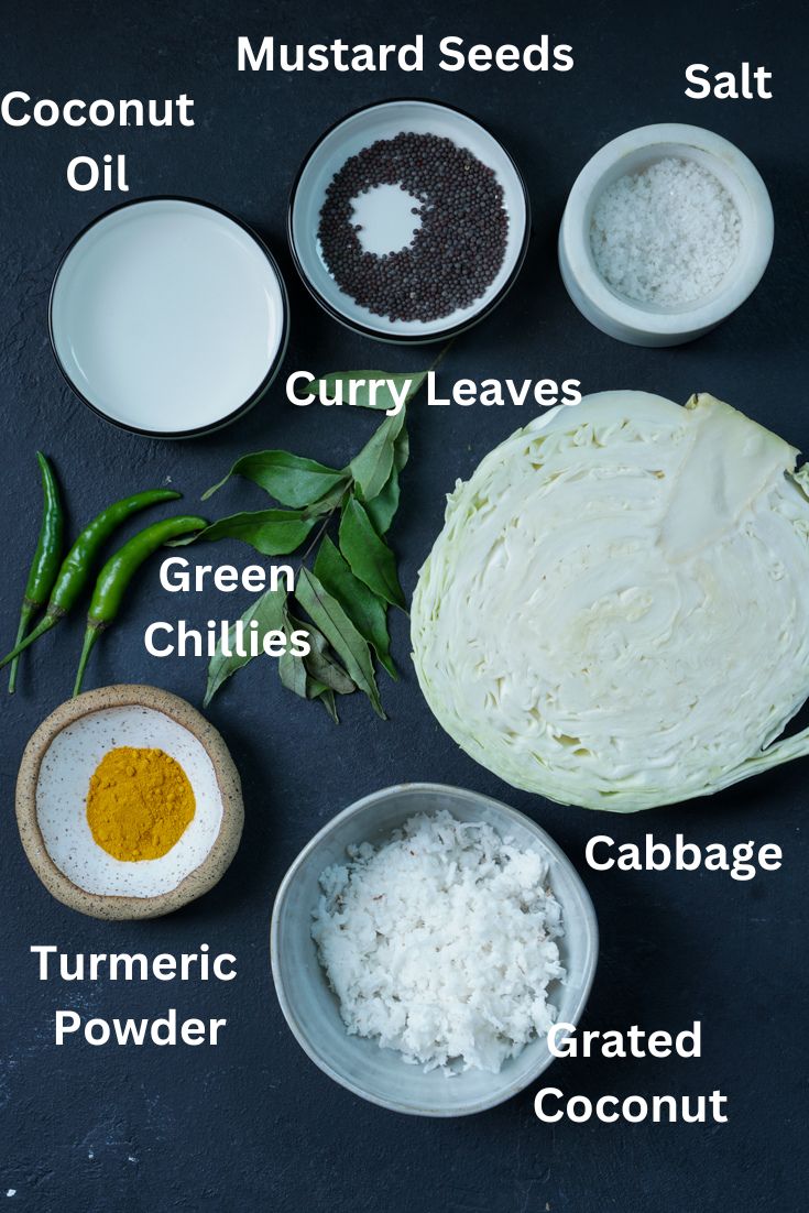 ingredients for cabbage thoran laid out