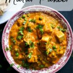 matar paneer in a red and white bowl with text on top of image