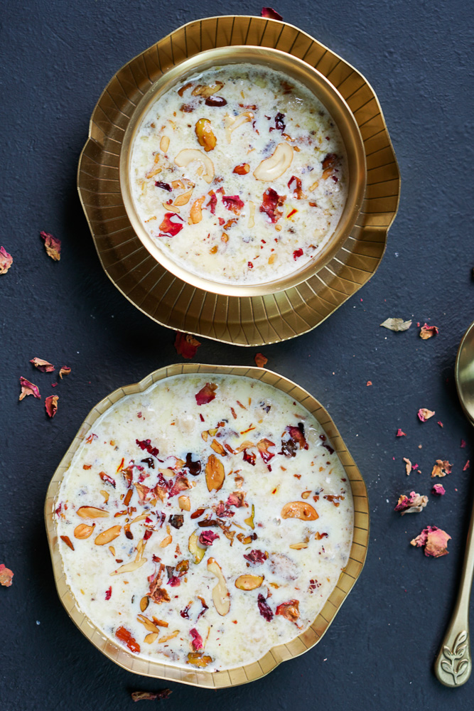 makhana kheer in two brass bowls