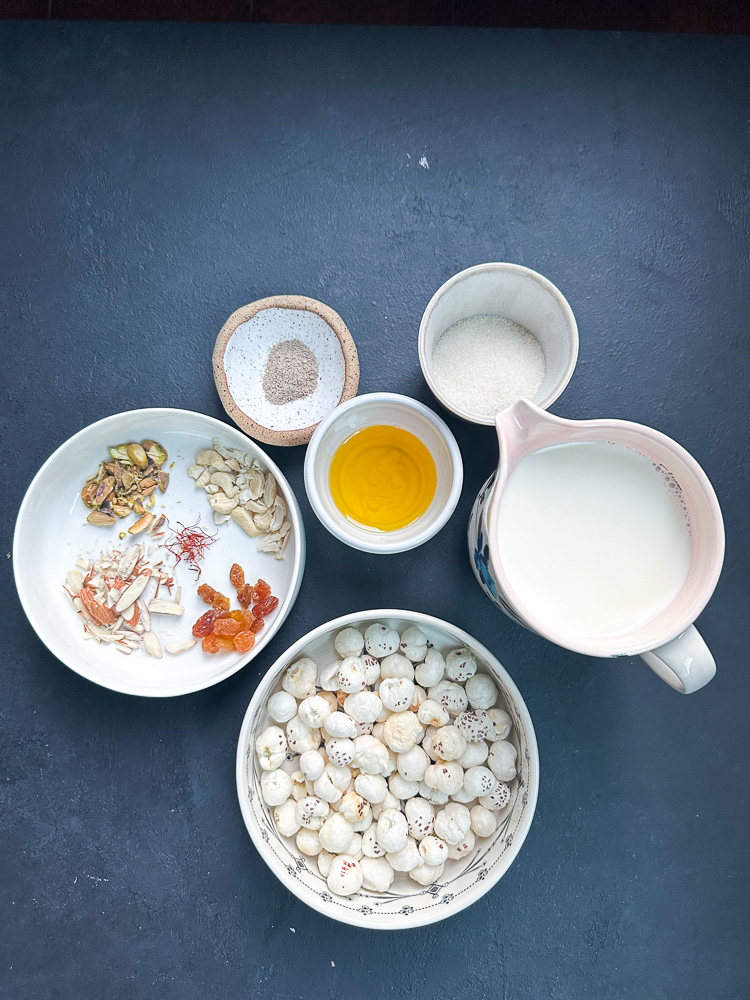 Ingredients for Makhana Kheer laid out